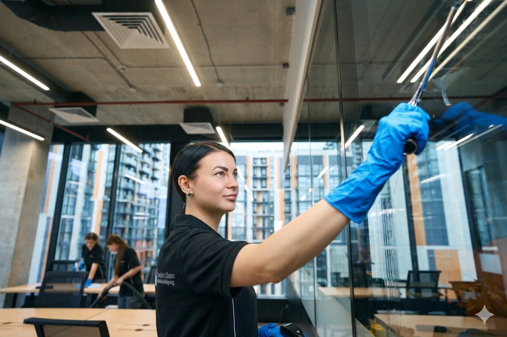 Mitarbeiter führt eine Glasreinigung in Düsseldorf durch
